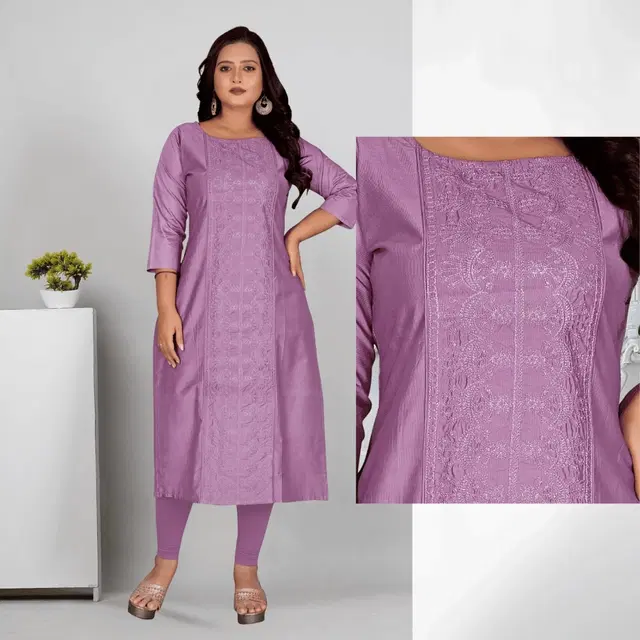 Cotton Silk Embroidered Kurti for Women & Girls, Purple (M)