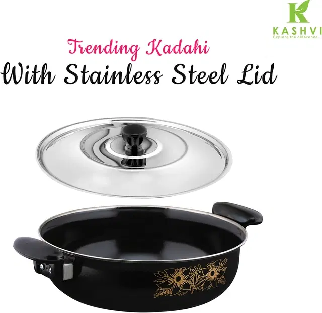 Cast Iron Kadai with Lid, Black & Silver, 28 cm