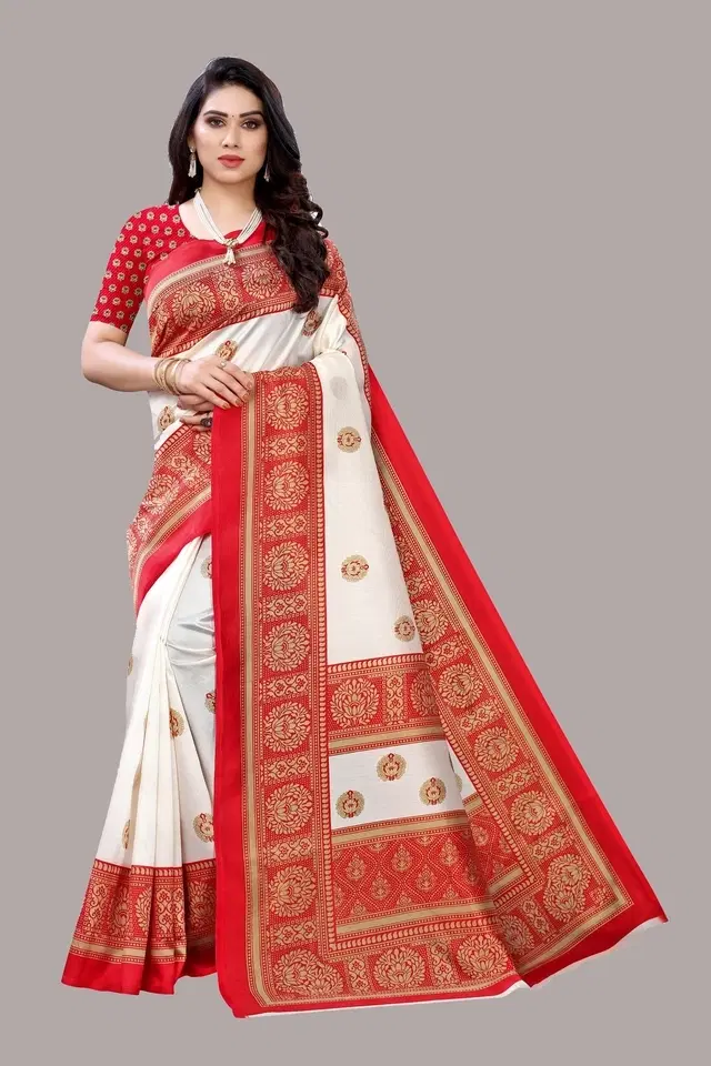 Art Silk Printed Saree for Women (White & Red, 6 m)