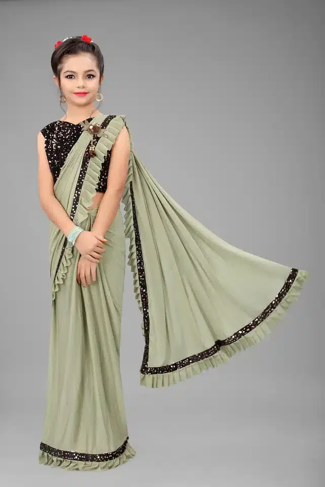 Ready to Wear Saree with Unstitched Blouse for Kids (Olive Green, 3-4 Years)