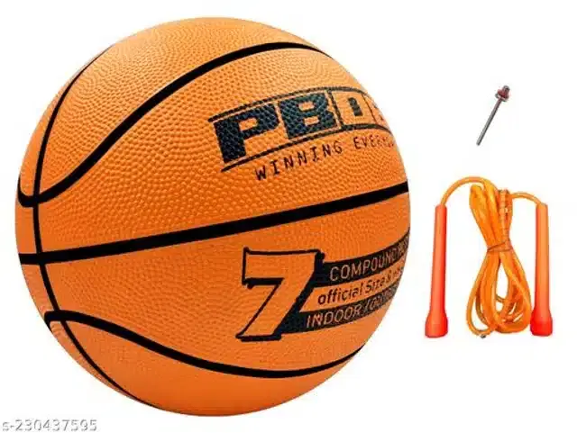Rubber Basketball, Size 7 with Inflation Needle & Skipping Rope, Multicolor, Set of 3