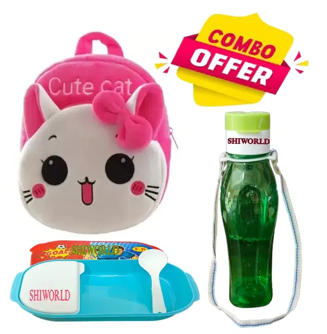 Combo of Fabric School Bag, Water Bottle with Lunch Box for Kids, Multicolor, Set of 3