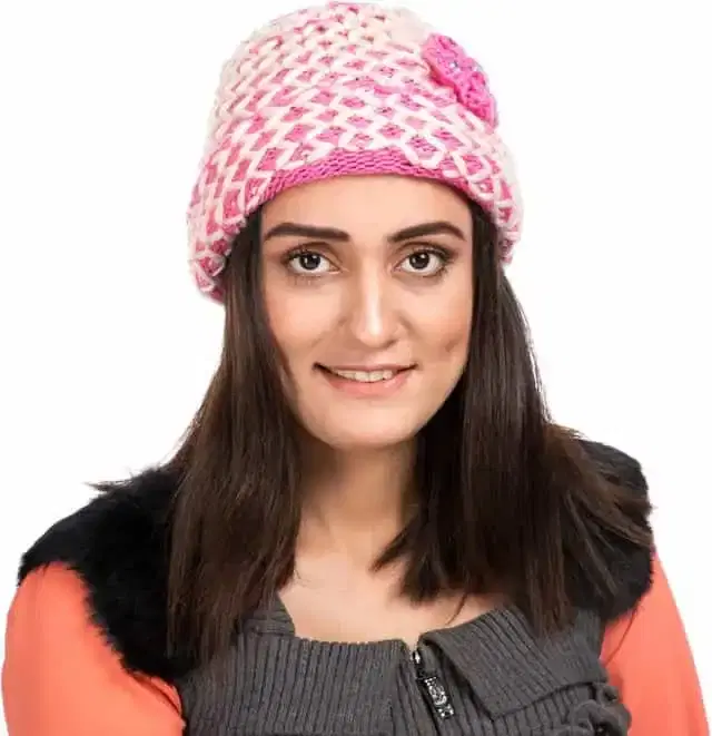 Women Woolen Fur Cap (Margenta, Free Size) (BM011)