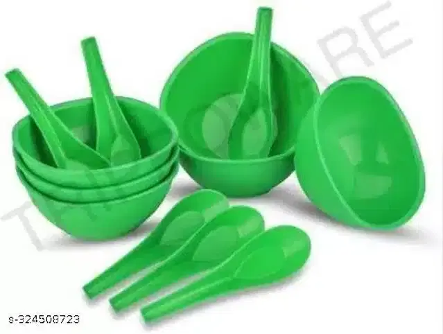 Plastic 6 Pcs Bowls, 250 ml with 6 Pcs Spoons, Green, Set of 2