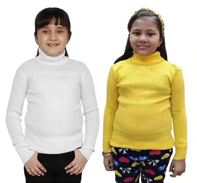 Full Sleeves Solid Sweater for Girls, Pack of 2 (White & Yellow, 0-3 Months)