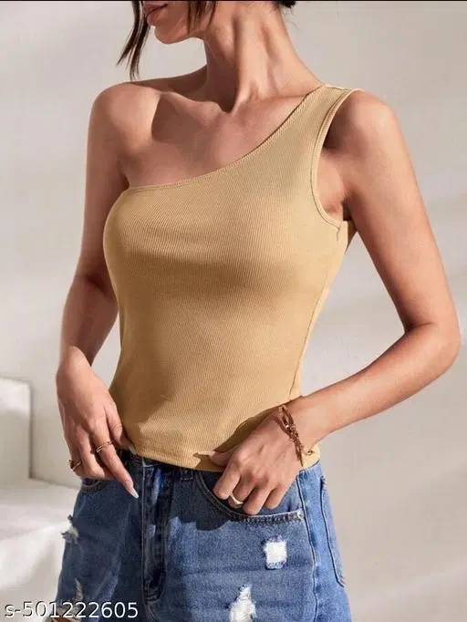 Cotton Blend Solid tops for Women, Beige (S)
