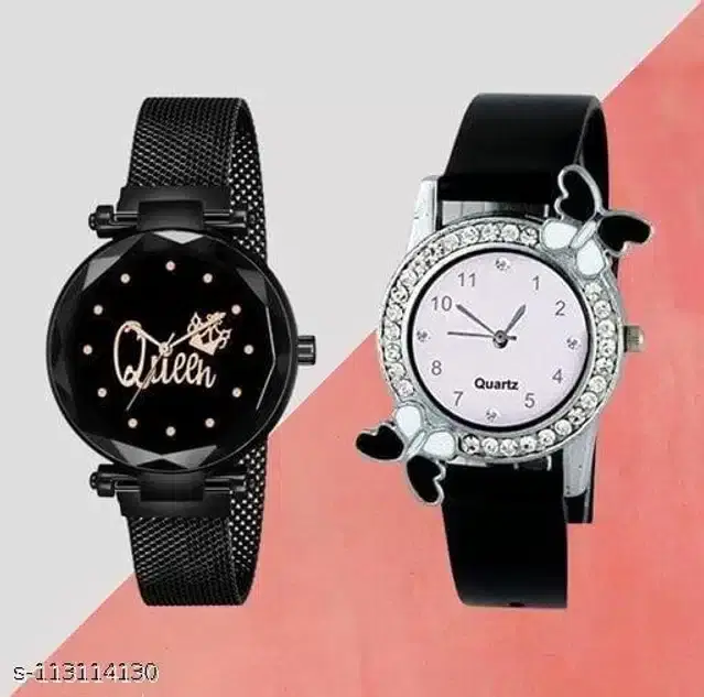 Analog Watch for Women, Set of 2 (Black)