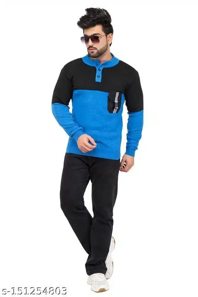 Acrylic Sweater for Men (Blue & Black, XL)