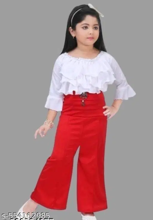 White Cotton Three-Quarter Sleeve Round Neck Top & Cotton Pant Set Clothing Set for Girls (Red, 18-24 Months)