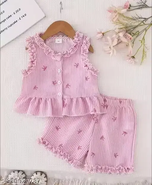 Girls Frocks & Dresses Round neck  Pink Cotton Blend(6-12 M)