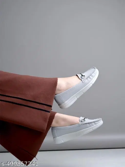 Solid Synthetic Loafers for Women (Grey, IND-3)