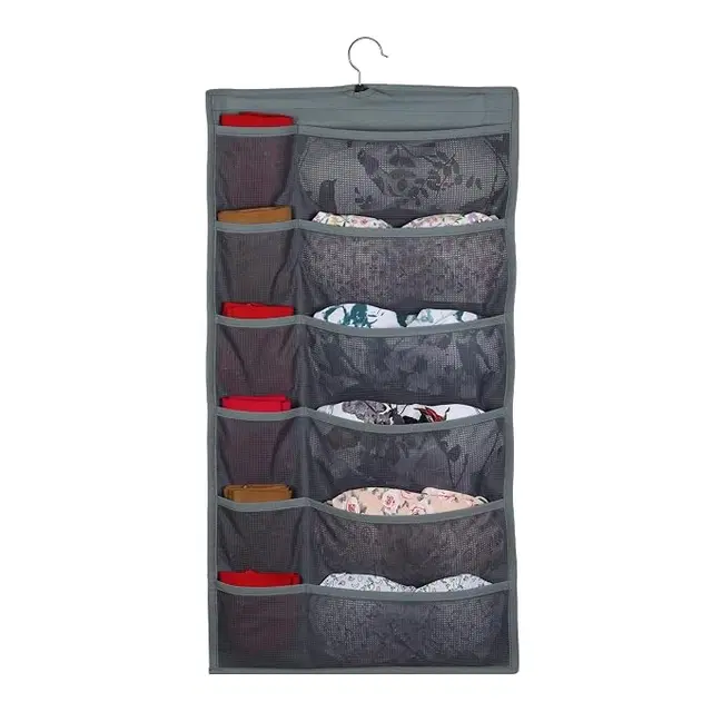 TerraHome x Double-R Dual-Sided Closet Hanging Organizer (Grey, 77x39.5 cm) | 20 Mesh Pockets with Metal Hanger | Wardrobe Shelf Storage Bag for Bra, Underwear, Socks, Underpants (Pack 1)