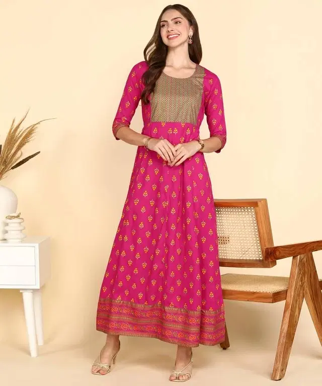 Rayon Printed Anarkali Kurti for Women, Pink (S)