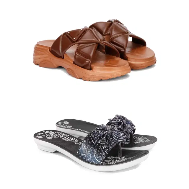 Combo of Sliders & Flats for Women, Set of 2 (Multicolor, 6)