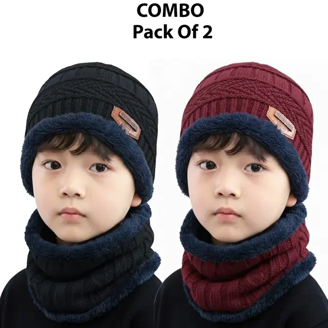 Woolen Solid Cap with Neck Wramer for Kids, Pack of 2, Multicolor