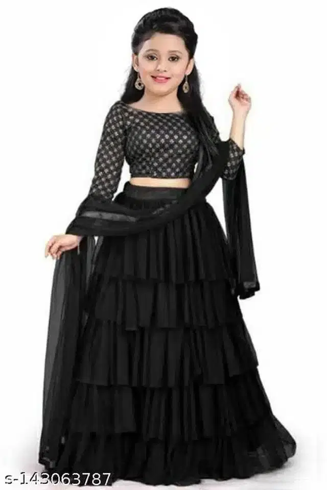 Satin Lehenga Choli With Dupatta for Girls (Black, 6-7 Years)