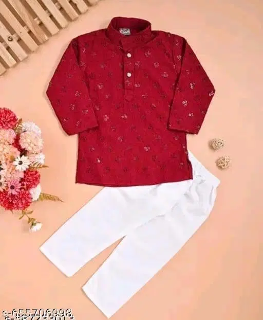 Floral Rayon Kurta Set for Boys (Maroon, 4-5 Years)