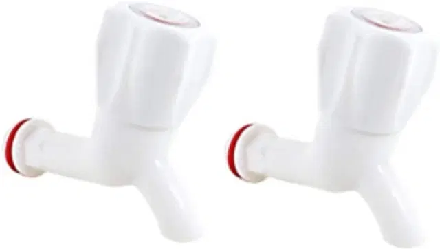 Plastic Polo Bib Cock Tap with Wall Flange, White, Set of 2