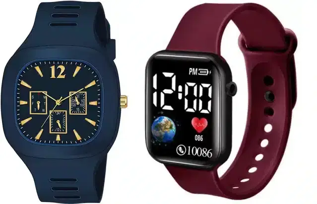 Analog with Smartwatch Combo for Men, Pack of 2 (Blue & Maroon)