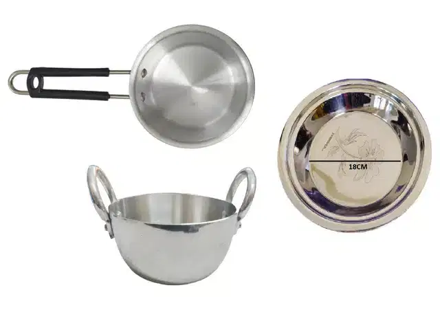 Aluminium Kadhai with Saucepan & Parat, Silver, Set of 3