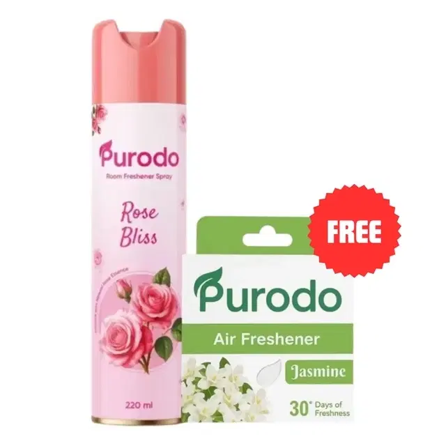 Purodo Air Freshener Spray 220ml Rose Bliss + Air Freshner Block Jasmine 50g (Free)