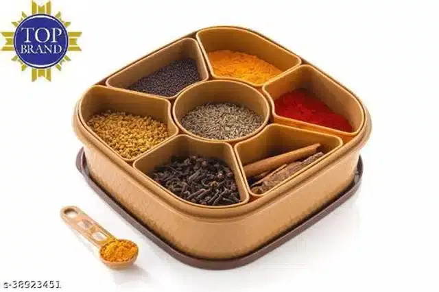 Plastic 7 Section Spice Container with Spoon, Brown, 700 ml