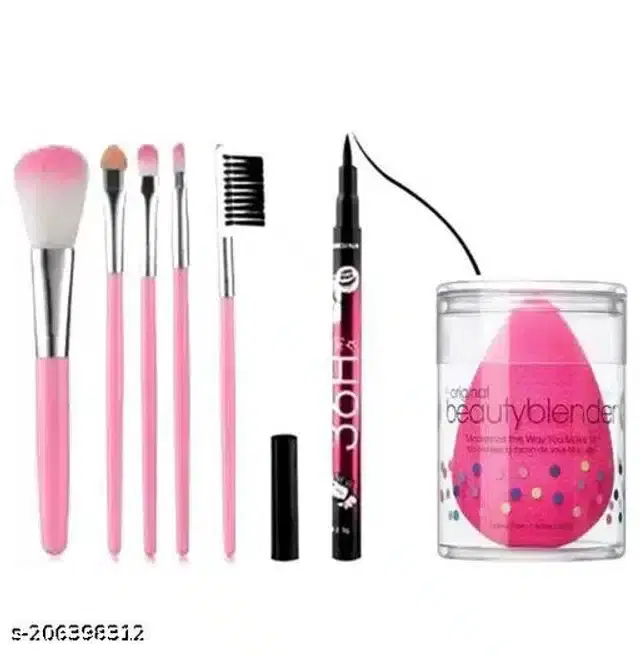 5 Pcs Makeup Brushes & Eyeliner with Makeup Blender, Set of 3