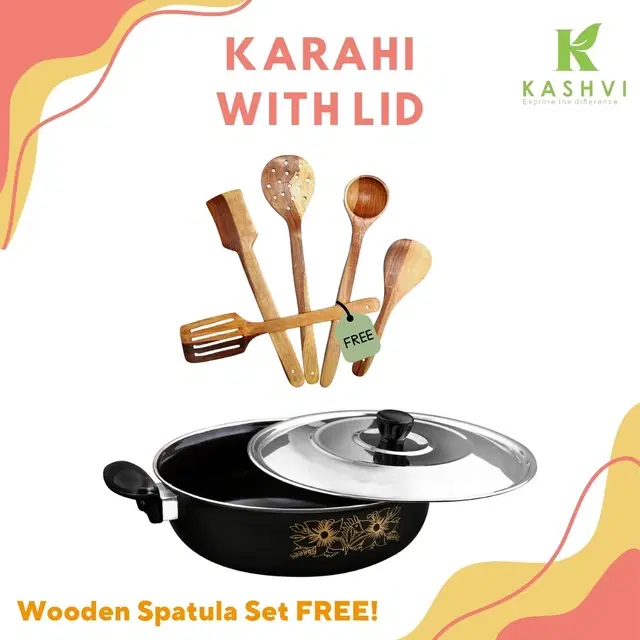 Cast Iron Kadai with 5 Pcs Spatula Set, Multicolor, Set of 2