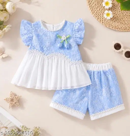 Cotton Blend Clothing Set for Girls (Aqua Blue, 12-18 Months)
