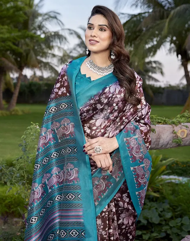 Printed Kalamkari Assam Art Silk Saree with Blouse for Women (Maroon, Free Size)