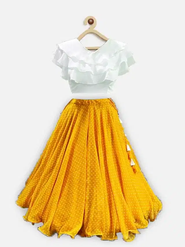 Digital Printed Lehenga Choli for Girls (White & Yellow, 14-15 Years)