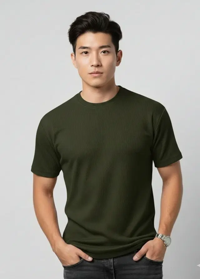 Polyester Round Neck T-shirt for Men, Olive (M)