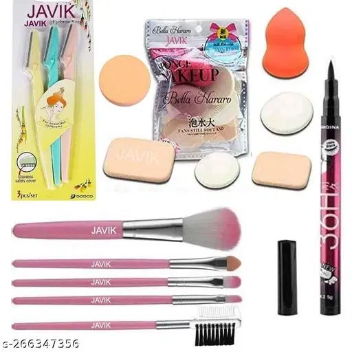 Javik Face Makeup Combo Makeup Accessories For Women Pack Of 4 Items ( 3 Razor + 3 Sponge + Eyeliner 1 + 5 Brush )