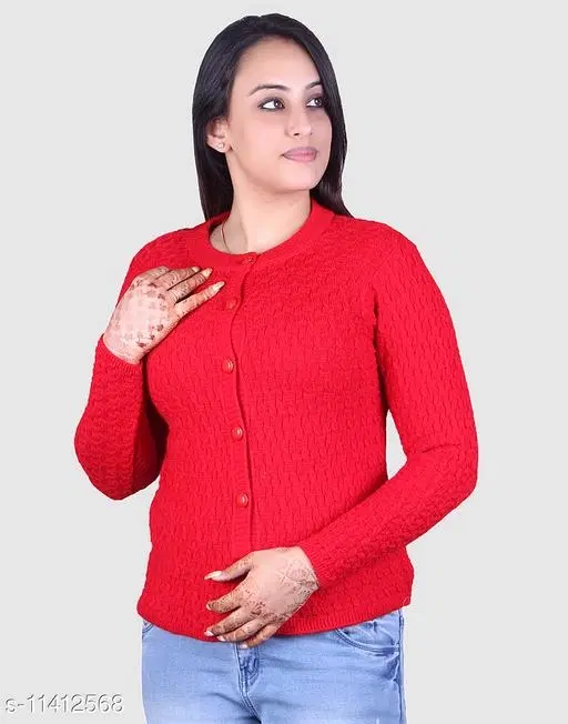 Acrylic Solid Sweater for Women (Red, L)