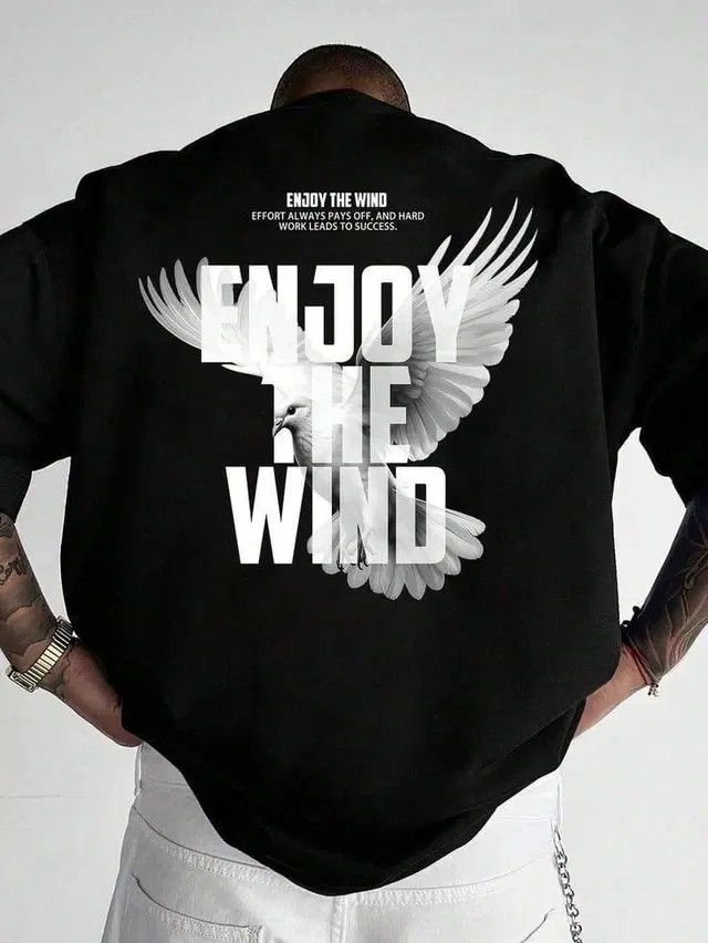Round Neck Printed Oversized T-Shirt for Men (Black, S)
