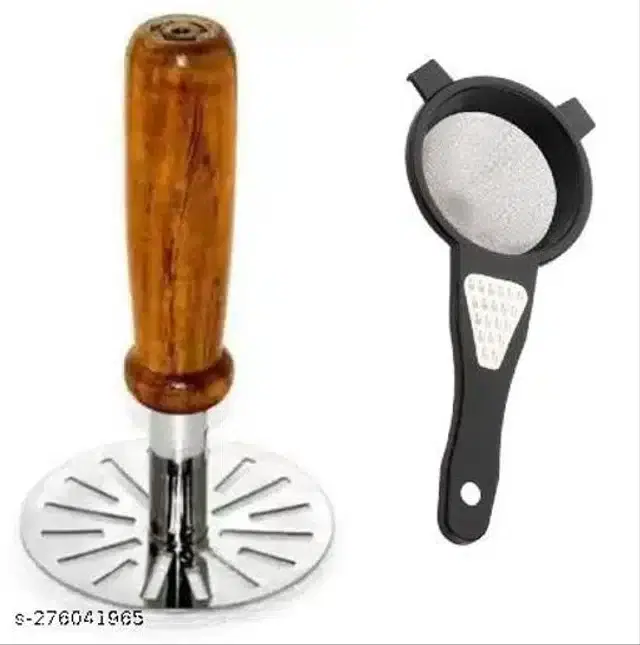 Masher with Tea Strainer, Black & Silver, Set of 2