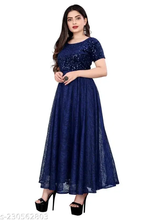 Net Embellished Gown for Women (Blue, M)