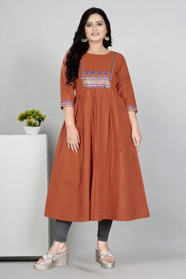 Zari Embroidered Cotton Blend Anarkali Kurti for Women (Orange, M)