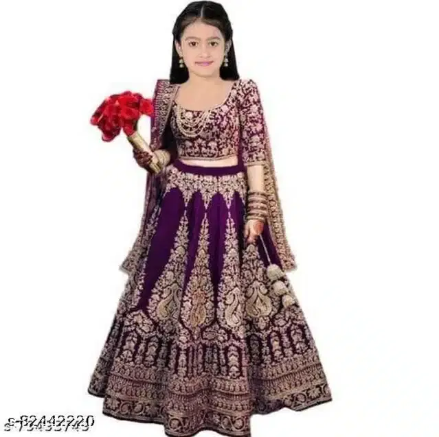 Velvet Semi Stitched Lehenga Choli for Girls (Purple, 11-12 Years)
