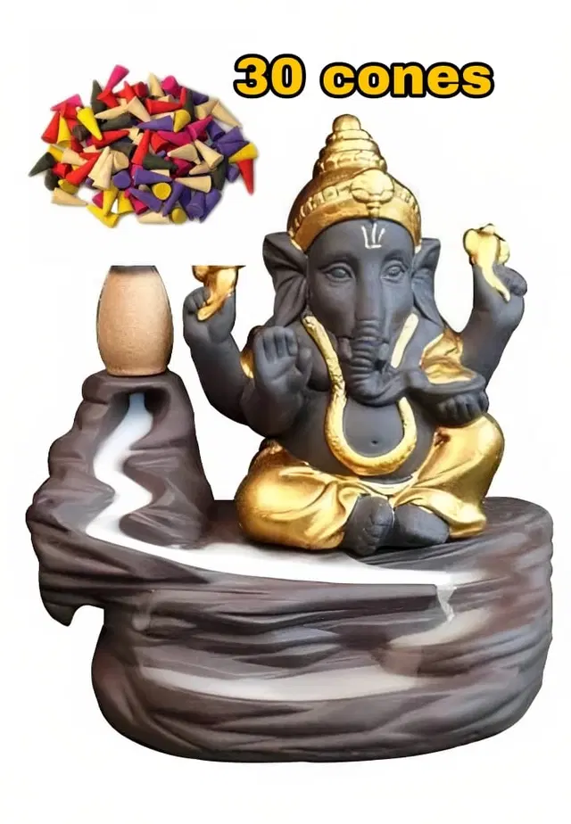 Ganeshji Idol Smoke Fountain with 30 Pcs Backflow Incense Cones, Brown & Gold, Set of 2