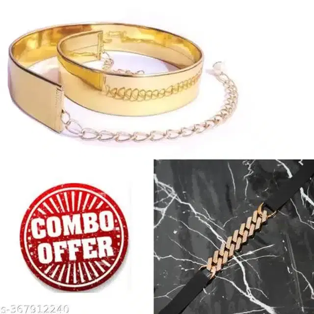 Fancy Belts for Women, Pack of 2 (Gold & Black)