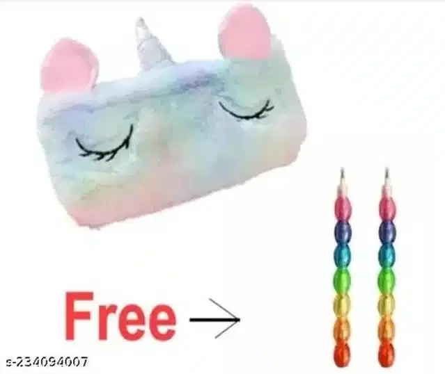 Fur Pencil Pouch with 2 Pcs Pearl Pencil, Multicolor, Set of 2