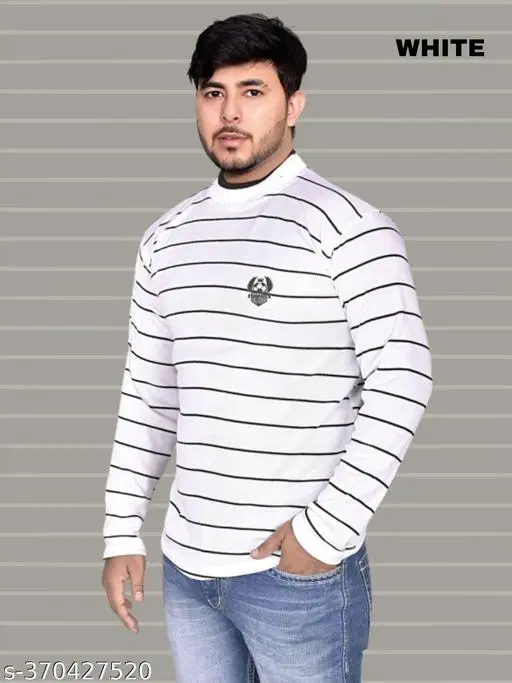 Woolen Striped Sweater for Men (White, L)