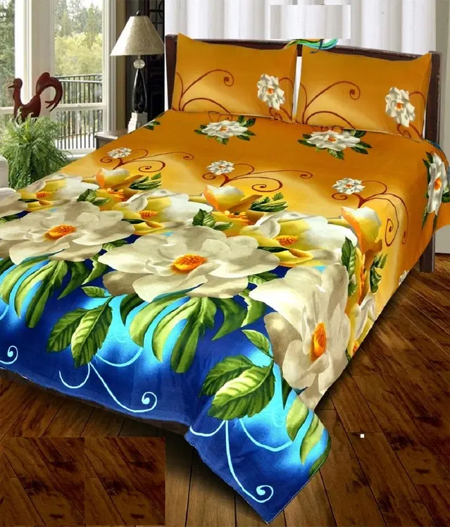 Polycotton Double Bedsheet with 2 Pillow Cover, Multicolor, 90x90 inches