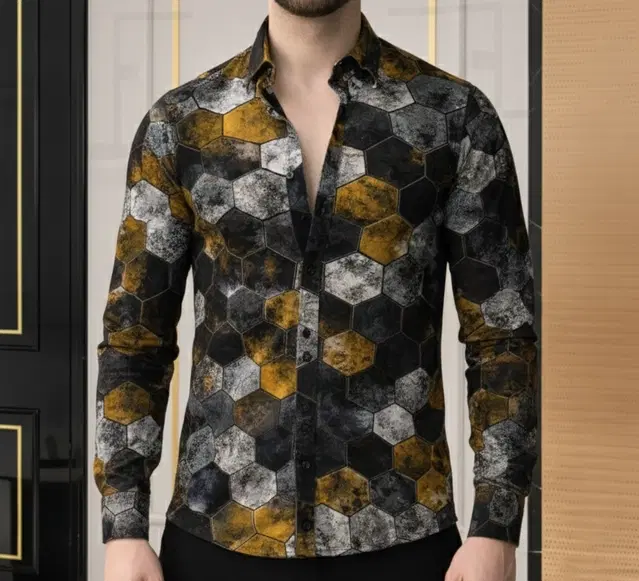 Lycra Geometric Print Shirt for Men, Yellow (S)