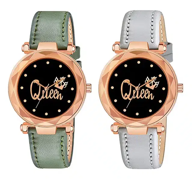 Designer Leather Analog Watch for Women & Girls, Pack of 2 (Green & Grey)
