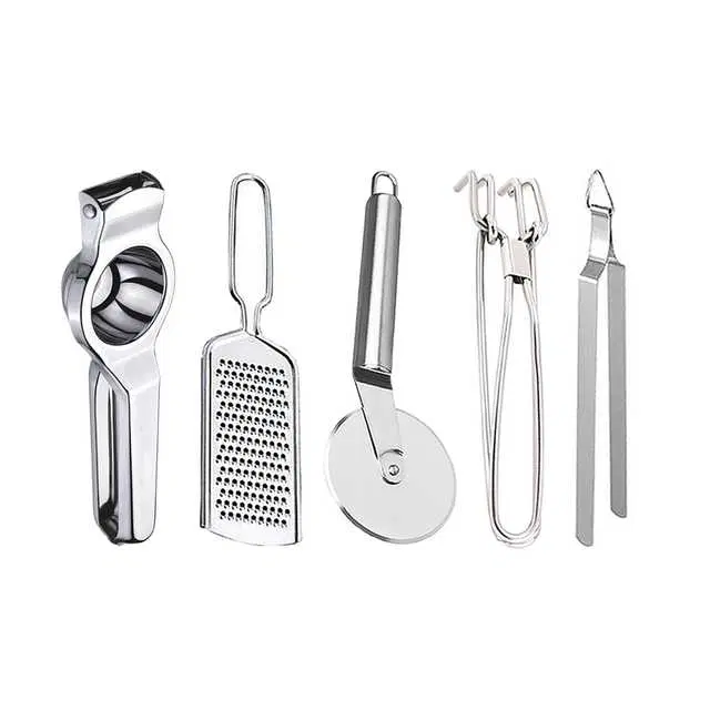 Oc9 Stainless Steel Lemon Squeezer & Cheese Grater & Pizza Cutter & Pakkad & Roti Chimta Kitchen Tool Set, O-128