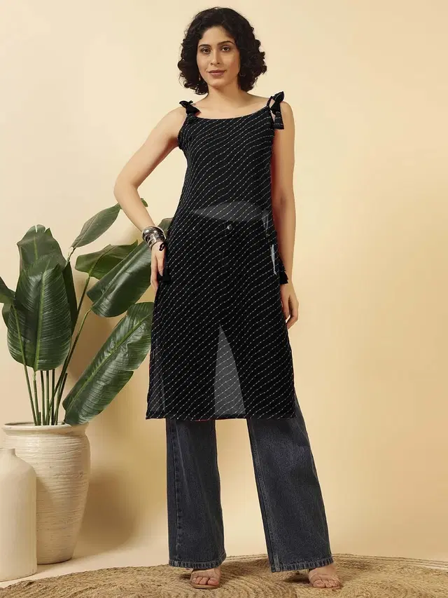Tie Up Georgette Kurti for Women (Black, XS)