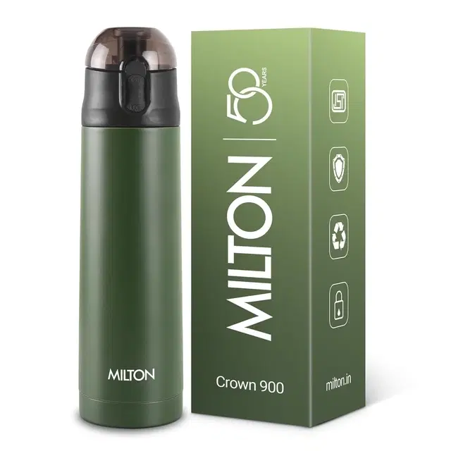 Milton New Crown 900 Thermosteel Water Bottle, ISI Certified, 24 Hr Hot and Cold 750 ml Stainless Steel Flask (Pack of 1, ) Green