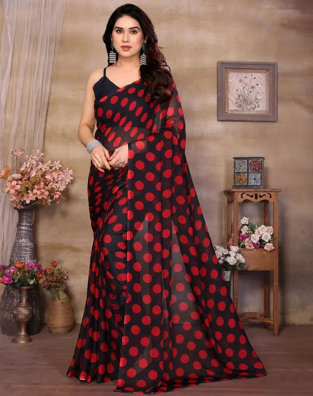 Georgette Saree for Women, Polka Dot (Black, Free Size)